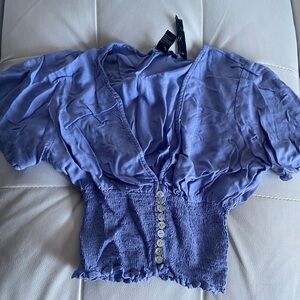 Blue Off the Shoulder Flutter Sleeve Blouse